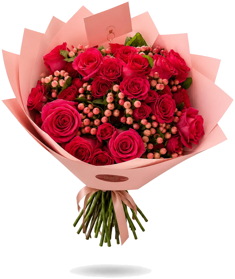 Ramo mix de rosas: contiene de 25 a 30 varas de rosas, mini rosas e hypericum