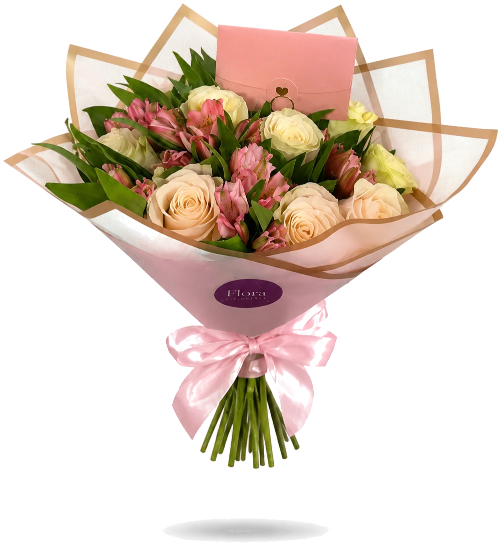 Ramo de rosas y alstroemerias: rosas y alstroemerias en papel kraft translúcido, moño de raso y sello ovalado