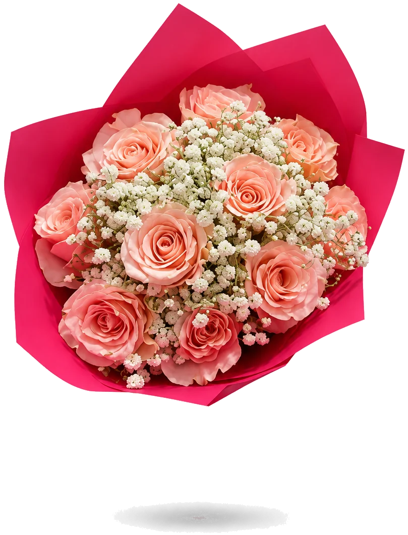 Ramo de rosas y gypsophila: rosas con paniculata, en papel de color