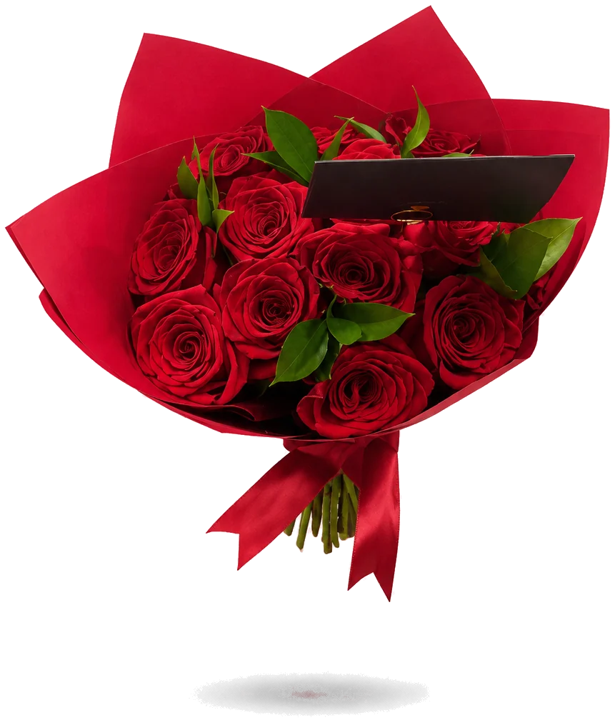 Ramo de rosas y ruscus: rosas con ruscus, envueltas en papel de regalo y moño de raso