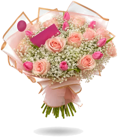 Ramo mixto de rosas, tulipanes y gypsophila