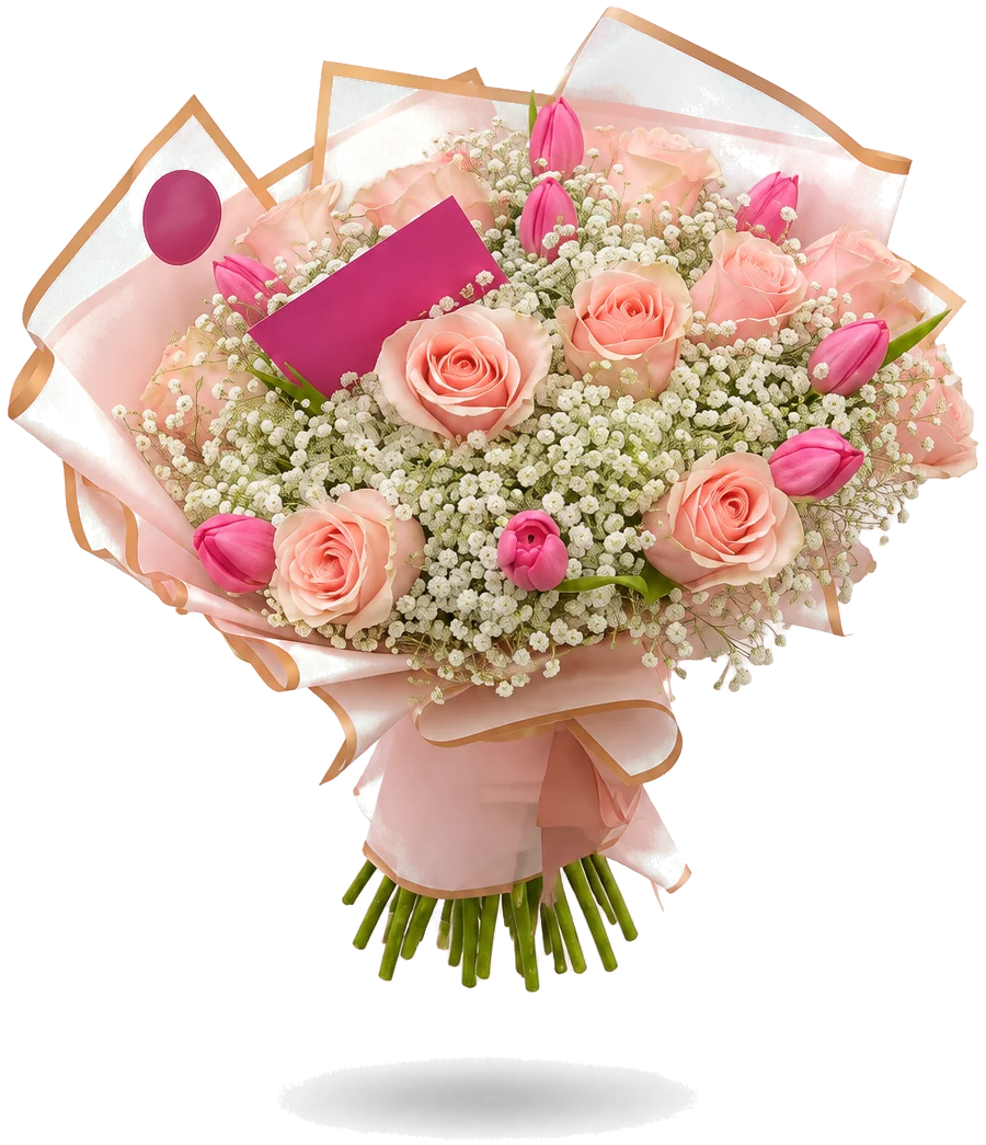 Ramo de tulipanes, rosas y gypsophila: compuesto de 25 a 30 varas mixtas de rosas, tulipanes y gypsophila