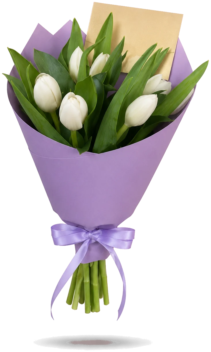 Ramo de tulipanes: tulipanes de temporada en papel de regalo, con cinta