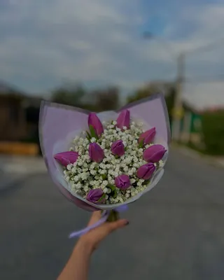 Ramo de tulipanes morados y gypsophila sostenido en mano en la calle